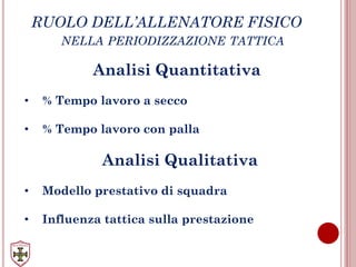 RUOLO DELL’ALLENATORE FISICO
NELLA PERIODIZZAZIONE TATTICA
Analisi Quantitativa
• % Tempo lavoro a secco
• % Tempo lavoro con palla
Analisi Qualitativa
• Modello prestativo di squadra
• Influenza tattica sulla prestazione
 