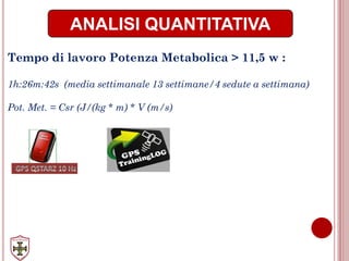 ANALISI QUANTITATIVA
Tempo di lavoro Potenza Metabolica > 11,5 w :
1h:26m:42s (media settimanale 13 settimane/4 sedute a settimana)
Pot. Met. = Csr (J/(kg * m) * V (m/s)
 