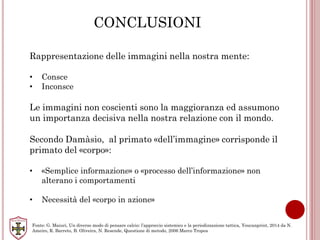 CONCLUSIONI
Rappresentazione delle immagini nella nostra mente:
• Consce
• Inconsce
Le immagini non coscienti sono la maggioranza ed assumono
un importanza decisiva nella nostra relazione con il mondo.
Secondo Damàsio, al primato «dell’immagine» corrisponde il
primato del «corpo»:
• «Semplice informazione» o «processo dell’informazione» non
alterano i comportamenti
• Necessità del «corpo in azione»
Fonte: G. Maiuri, Un diverso modo di pensare calcio: l’approccio sistemico e la periodizzazione tattica, Youcanprint, 2014 da N.
Ameiro, R. Barreto, B. Oliveira, N. Resende, Questione di metodo, 2006 Marco Tropea
 