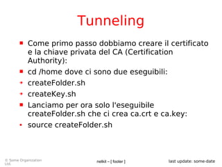 netkit – [ footer ]© Some Organization
Ltd.
last update: some-date
Tunneling
 Come primo passo dobbiamo creare il certificato
e la chiave privata del CA (Certification
Authority):
 cd /home dove ci sono due eseguibili:
➔ createFolder.sh
➔ createKey.sh
 Lanciamo per ora solo l'eseguibile
createFolder.sh che ci crea ca.crt e ca.key:
● source createFolder.sh
 