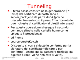 netkit – [ footer ]© Some Organization
Ltd.
last update: some-date
Tunneling
 Il terzo passo consiste nella generazione ( e
invio) del certificato di hostMilano e
server_back_end da parte di CA (poichè
precedentemente con il passo 2 ha ricevuto le
due richieste di certificato) ai diretti interessati.
 Per questa operazione si esegue il secondo
comando situato nelle cartella home come
spiegato il precedenza:
● cd /home
● source createKey.sh
 Di seguito ci verrà chiesto le conferme per la
signature del certificato (digitare y per
conferma). Anche qui la password richiesta da
digitare è root (viene richiesta 4 volte).
 