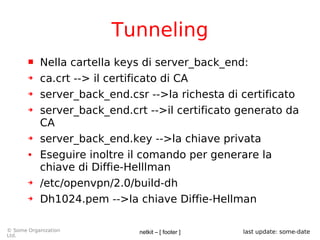netkit – [ footer ]© Some Organization
Ltd.
last update: some-date
Tunneling
 Nella cartella keys di server_back_end:
➔ ca.crt --> il certificato di CA
➔ server_back_end.csr -->la richesta di certificato
➔ server_back_end.crt -->il certificato generato da
CA
➔ server_back_end.key -->la chiave privata
● Eseguire inoltre il comando per generare la
chiave di Diffie-Helllman
➔ /etc/openvpn/2.0/build-dh
➔ Dh1024.pem -->la chiave Diffie-Hellman
 