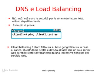 netkit – [ footer ]© Some Organization
Ltd.
last update: some-date
DNS e Load Balancing
 Ns1, ns2, ns3 sono le autorità per le zone manhattan, test,
milano rispettivamente.
 Esempio di prova:
client2client2
client2:~# ping client2.test.eu
 Il load balancing è stato fatto sia su base geografica sia in base
al carico. Quest'ultima scelta è dovuta al fatto che un solo server
web sarebbe stato sovracaricato da una eccessiva richiesta del
servizio web.
 