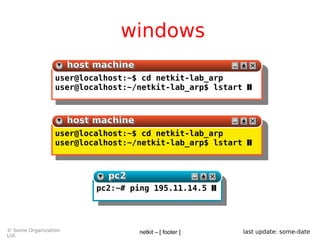 netkit – [ footer ]© Some Organization
Ltd.
last update: some-date
windows
pc2:~# ping 195.11.14.5 ┃
pc2pc2pc2pc2
user@localhost:~$ cd netkit-lab_arp
user@localhost:~/netkit-lab_arp$ lstart ┃
host machinehost machinehost machinehost machine
user@localhost:~$ cd netkit-lab_arp
user@localhost:~/netkit-lab_arp$ lstart ┃
host machinehost machinehost machinehost machine
 