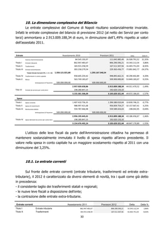 10. La dimensione complessiva del Bilancio
        Le entrate complessive del Comune di Napoli risultano sostanzialmente invariate.
Infatti le entrate complessive del bilancio di previsione 2012 (al netto dei Servizi per conto
terzi) ammontano a 2.913.009.188,34 di euro, in diminuzione dell’1,49% rispetto ai valori
dell’assestato 2011.


Entrate                                                             Assestamento 2010                        Previsioni 2011                  Delta         Delta %

             Avanzo d'amministrazione                                             84.545.193,97                        111.045.985,49 26.500.791,52 31,35%
Titolo I     Entrate tributarie                                                  862.947.483,67                        896.290.596,21 33.343.112,54    3,86%
Titolo II    Trasferimenti                                                       183.915.258,59                        167.511.507,56 -16.403.751,03 -8,92%
Titolo III   Entrate Extratributarie                                             303.258.279,54                        229.365.436,77 -73.892.842,77 -24,37%
               Totale Entrate Correnti (Tit. I + II + III)   1.350.121.021,80                      1.293.167.540,54
Titolo IV    Trasferimenti in conto capitale                                     958.605.259,42                        998.895.662,31 40.290.402,89          4,20%
Titolo V     Mutui                                                               563.749.183,67                        509.900.000,00 -53.849.183,67        -9,55%
                             Anticipazione di Tesoreria       500.000.000,00                         500.000.000,00
                                                                                2.957.020.658,86                      2.913.009.188,34 -44.011.470,52       -1,49%
Titlo VI     Entrate da servizio per conto terzi                                  198.280.847,23                        192.620.133,10
                                                                                3.155.301.506,09                      3.105.629.321,44 -49.672.184,65       -1,57%

 Spese
Titolo I     Spesa corrente                                                     1.407.410.756,35                      1.396.580.010,04 -10.830.746,31       -0,77%
Titolo II    Spesa di investimenti                                                988.997.421,68                        956.839.754,27 -32.157.667,41       -3,25%
Titolo III   Restituzione debito                                                  559.787.466,98                        559.589.424,03    -198.042,95       -0,04%
                             Anticipazione di Tesoreria       500.000.000,00                         500.000.000,00
                                                                                2.956.195.645,01                      2.913.009.188,34 -43.186.456,67       -1,46%
Titolo IV    Spese derivanti da servizi per conto terzi                           198.280.847,23                        192.620.133,10
                                                                                3.154.476.492,24                      3.105.629.321,44 -48.847.170,80       -1,55%



       L’utilizzo delle leve fiscali da parte dell’Amministrazione cittadina ha permesso di
mantenere sostanzialmente immutato il livello di spesa rispetto all’anno precedente. Il
valore nella spesa in conto capitale ha un maggiore scostamento rispetto al 2011 con una
diminuzione del 3,25%.



             10.1. Le entrate correnti

       Sul fronte delle entrate correnti (entrate tributarie, trasferimenti ed entrate extra-
tributarie), il 2012 è caratterizzato da diversi elementi di novità, tra i quali come già detto
in precedenza:
- il consistente taglio dei trasferimenti statali e regionali;
- le nuove leve fiscali a disposizione dell’ente;
- la contrazione delle entrate extra-tributarie.

 Entrate correnti                                                         Assestamento 2011                   Previsioni 2012               Delta          Delta %
Titolo I                      Entrate tributarie                                        862.947.483,67                   896.290.596,21   33.343.112,54      3,86%
Titolo II                     Trasferimenti                                             183.915.258,59                   167.511.507,56   -16.403.751,03     -8,92%

                                                                                        30
 