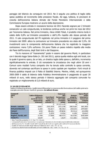 pareggio del bilancio da conseguire nel 2013. Ne è seguita una politica di taglio della
spesa pubblica ed incremento della pressione fiscale. Ad oggi, tuttavia, le previsioni di
crescita dell’economia italiana stimate dal Fondo Monetario Internazionale e dalla
Commissione Europea mostrano un acuirsi della depressione.
       Dopo essere entrata in recessione tecnica nel 2011 facendo segnare per 2 trimestri
consecutivi un calo congiunturale, la tendenza continua anche nei primi tre mesi del 2012
per l'economia italiana. Nel primo trimestre, rileva infatti l'Istat, il prodotto interno lordo è
calato dello 0,8% sul trimestre precedente e dell'1,4% rispetto allo stesso periodo del
2011. Il calo congiunturale del Pil registrato nel primo trimestre è il peggiore dal primo
trimestre del 2009: allora la contrazione sul trimestre precedente era stata del 3,5%. Gli
investimenti sono la componente dell'economia italiana che ha registrato la maggiore
contrazione: meno 7,6% sull'anno. Ciò pone l'Italia un passo indietro rispetto alla media
dei Paesi dell'Eurozona, degli Stati Uniti e del Giappone..
      Tra le manovre di “risanamento” poste in essere dal governo Monti, in particolare
con il decreto legge Salva-Italia (n. 201 del 2011), spicca quella relativa agli enti locali, con
la quale il governo opera, da un lato, un drastico taglio della spesa e, dall’altro, incrementa
significativamente le entrate. E ciò nonostante la circostanza che negli ultimi 20 anni i
Comuni sono risultati l'unico comparto che ha tenuto sotto controllo la spesa corrente,
dovendo nel contempo sacrificare la spesa in conto capitale per rispettare i forti vincoli di
finanza pubblica imposti con il Patto di Stabilità Interno. Mentre, infatti, nel quinquennio
2005-2009 il saldo di bilancio della Pubblica Amministrazione è peggiorato di quasi 20
miliardi di euro, nello stesso periodo il bilancio aggregato del comparto comunale ha
registrato un miglioramento di 2,6 miliardi di euro.




                                               4
 