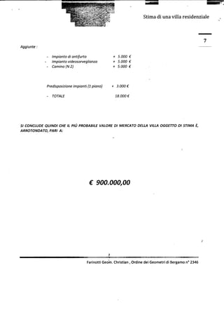 "'_c~                                   -,""~
                                                                ,




                                                                    Stima di una villa residenziale                      
                                                                                                                    ",




                                                                                                        7
Aggiunte:                                                                                               ---

             - Impianto di antifurto                + 5.000 ~
            - Impianto videosorveglianza            + 5.000 ~
             - Camino(N 2)                          + 5.000 ~



            Predisposizione
                          impianti (1 piano)        + 3.000 ~

            -   TOTALE                               18.000~




SI CONCLUDE
          QUINDI CHEIL PIV PROBABILE
                                   VALORE MERCATO
                                        DI      DELLAVILLAOGGETTO STIMA È,
                                                                DI
ARROTONDA PARI A:
         TO,




                                    ~ 900.000,,00




                                                                                                    ,

                                               ..

                                  Farinotti Geo'ln.Christian, Ordinedei Geometridi Bergamon° 2346
 