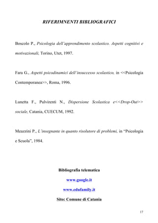 RIFERIMNENTI BIBLIOGRAFICI



Boscolo P., Psicologia dell’apprendimento scolastico. Aspetti cognitivi e

motivazionali, Torino, Utet, 1997.



Fara G., Aspetti psicodinamici dell’insuccesso scolastico, in <<Psicologia

Contemporanea>>, Roma, 1996.



Lunetta F., Pulvirenti N., Dispersione Scolastica e<<Drop-Out>>

sociale, Catania, CUECUM, 1992.



Meazzini P., L’insegnante in quanto risolutore di problemi, in “Psicologia

e Scuola”, 1984.




                         Bibliografia telematica

                              www.google.it

                            www.edufamily.it

                        Sito: Comune di Catania

                                                                        17
 