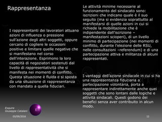 03/09/2016 12
Exquire
Giuseppe Catalani
Rappresentanza
I rappresentanti dei lavoratori attuano
azioni di influenza o pressione
sull’azione degli altri soggetti, oppure
cercano di cogliere le occasioni
positive e limitare quelle negative che
si manifestano nel corso
dell’interazione. Esprimono la loro
capacità di negoziatori sostenuti dal
livello di rappresentatività che si
manifesta nei momenti di conflitto.
Questa situazione è fluida e si sposta
da una situazione di rappresentanza
con mandato a quella fiduciari.
Le attività minime necessarie al
funzionamento del sindacato sono:
iscrizioni che indicano quale è il suo
seguito (ma si evidenzia soprattutto al
manifestarsi di quelle azioni in cui si
richiede la mobilitazione che è
indipendente dall’iscrizione –
manifestazioni scioperi), di un livello
minimo di partecipazione (nei momenti di
conflitto, durante l’elezione delle RSU,
nelle consultazioni –referendum) e di una
partecipazione attiva e militanza di alcuni
rappresentati.
I vantaggi dell’azione sindacale in cui si ha
una rappresentanza fiduciaria a
partecipazione volontaria, porta a
rappresentare indirettamente anche quei
soggetti che sono lontani dalle logiche e
attività sindacali. Questi godono dei
benefici senza aver contribuito in alcun
modo.
 