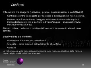 03/09/2016 15
Exquire
Giuseppe Catalani
Conflitto
Interazioni tra soggetti (individui, gruppi, organizzazioni e collettività)
Conflitto: scontro tra soggetti per l’accesso e distribuzione di risorse scarse.
Lo scontro può avvenire tra i soggetti con interazione casuale e quindi
indipendentemente che si parli di: individuo/gruppo – gruppi/collettività –
individuo-collettività ecc.
Risorse: potere, ricchezza e prestigio (alcune sono auspicate in vista di nuovi
conflitti)
Suddivisione dei conflitti:
Dimensione - numero dei partecipanti
Intensità - come grado di coinvolgimento al conflitto –
Obiettivi
La violenza non è vista come coinvolgimento ma come momento di rottura delle norme o
regole del gioco ed è quindi uno strumento
 