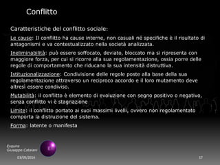 03/09/2016 17
Exquire
Giuseppe Catalani
Conflitto
Caratteristiche del conflitto sociale:
Le cause: Il conflitto ha cause interne, non casuali né specifiche è il risultato di
antagonismi e va contestualizzato nella società analizzata.
Ineliminabilità: può essere soffocato, deviato, bloccato ma si ripresenta con
maggiore forza, per cui si ricorre alla sua regolamentazione, ossia porre delle
regole di comportamento che riducano la sua intensità distruttiva.
Istituzionalizzazione: Condivisione delle regole poste alla base della sua
regolamentazione attraverso un reciproco accordo e il loro mutamento deve
altresì essere condiviso.
Mutabilità: il conflitto è elemento di evoluzione con segno positivo o negativo,
senza conflitto vi è stagnazione
Limite: il conflitto portato ai suoi massimi livelli, ovvero non regolamentato
comporta la distruzione del sistema.
Forma: latente o manifesta
 