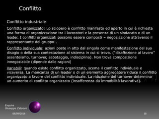 03/09/2016 18
Exquire
Giuseppe Catalani
Conflitto
Conflitto industriale
Conflitto organizzato: Lo sciopero è conflitto manifesto ed aperto in cui è richiesta
una forma di organizzazione tra i lavoratori e la presenza di un sindacato o di un
leader. I conflitti organizzati possono essere composti – negoziazione attraverso il
rappresentante del gruppo-.
Conflitto individuale: azioni poste in atto dal singolo come manifestazione del suo
disagio o della sua contestazione al sistema in cui si trova. (“disaffezione al lavoro”
assenteismo, turnover, sabotaggio, indisciplina). Non trova composizione
innegoziabile (dipende dalle ragioni)
Variabili: quando esiste conflitto organizzato, scema il conflitto individuale e
viceversa. La mancanza di un leader o di un elemento aggregatore riduce il conflitto
organizzato a favore del conflitto individuale. La riduzione del turnover determina
un aumento di conflitto organizzato (insofferenza da immobilità lavorativa).
 