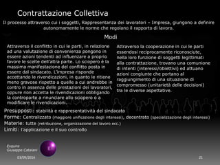 03/09/2016 21
Exquire
Giuseppe Catalani
Contrattazione Collettiva
Il processo attraverso cui i soggetti, Rappresentanza dei lavoratori – Impresa, giungono a definire
autonomamente le norme che regolano il rapporto di lavoro.
Modi
Attraverso il conflitto in cui le parti, in relazione
ad una valutazione di convenienza pongono in
essere azioni tendenti ad influenzare a proprio
favore le scelte dell’altra parte. Lo sciopero è la
massima manifestazione del conflitto posta in
essere dal sindacato. L’impresa risponde
accettando le rivendicazioni, in quanto le ritiene
meno gravose rispetto a quelle a cui andrebbe in
contro in assenza delle prestazioni dei lavoratori,
oppure non accetta le rivendicazioni obbligando
la controparte a rinunciare allo sciopero o a
modificare le rivendicazioni.
Attraverso la cooperazione in cui le parti
essendosi reciprocamente riconosciute,
nella loro funzione di soggetti legittimati
alla contrattazione, trovano una comunione
di intenti (interessi/obiettivi) ed attuano
azioni congiunte che portano al
raggiungimento di una situazione di
compromesso (unitarietà delle decisioni)
tra le diverse aspettative.
Presupposti: stabilità e rappresentatività del sindacato
Forme: Centralizzato (maggiore unificazione degli interessi), decentrato (specializzazione degli interessi)
Materie: tutte (retribuzione, organizzazione del lavoro ecc.)
Limiti: l’applicazione e il suo controllo
 