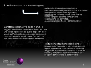 03/09/2016 3
Exquire
Giuseppe Catalani
Azioni (metodi con cui si attuano i rapporti):
unilaterale (imposizione autoritativa-
imprenditore- autoregolamentazione – sindacato
monopolista- regolazione legislativa)
negoziale (es. contrattazione collettiva; le
norme vengono stabilite attraverso la
negoziazione e il conflitto),
cooperativa (cogestione – concertazione)
Carattere normativo delle r. ind.: I
soggetti muovendosi nel sistema delle r.ind., con
una logica dipendente da quella degli altri e dai
vincoli dell’ambiente, generano comportamenti
ricorrenti, prassi e quindi regole (norme) che
non sono immutabili ovvero stabili nel tempo.
Istituzionalizzazione delle r.ind.:
dipende dalla maggiore o minore presenza di
regole o procedure prestabilite e consolidate.
Maggiore è il grado di istituzionalizzazione del
sistema, minore è il ricorso al conflitto, tra i
soggetti, per risolvere le controversie.
 
