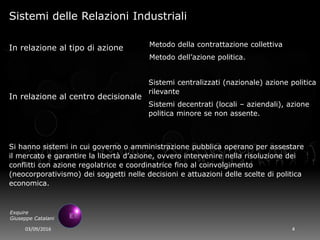 03/09/2016 4
Exquire
Giuseppe Catalani
Si hanno sistemi in cui governo o amministrazione pubblica operano per assestare
il mercato e garantire la libertà d’azione, ovvero intervenire nella risoluzione dei
conflitti con azione regolatrice e coordinatrice fino al coinvolgimento
(neocorporativismo) dei soggetti nelle decisioni e attuazioni delle scelte di politica
economica.
Sistemi delle Relazioni Industriali
In relazione al tipo di azione
Sistemi centralizzati (nazionale) azione politica
rilevante
Sistemi decentrati (locali – aziendali), azione
politica minore se non assente.
Metodo della contrattazione collettiva
Metodo dell’azione politica.
In relazione al centro decisionale
 