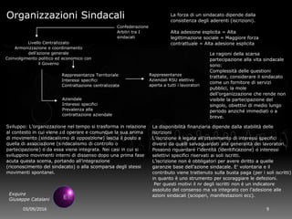 03/09/2016 9
Exquire
Giuseppe Catalani
Organizzazioni Sindacali
Sviluppo: L’organizzazione nel tempo si trasforma in relazione
al contesto in cui viene ad operare e comunque la sua anima
di movimento (sindacalismo di opposizione) lascia il posto a
quella di associazione (sindacalismo di controllo o
partecipazione) o da essa viene integrata. Nei casi in cui si
sviluppino movimenti interni di dissenso dopo una prima fase
acuta questa scema, portando all’integrazione
(riconoscimento del sindacato) o alla scomparsa degli stessi
movimenti spontanei.
Livello Centralizzato
Armonizzazione e coordinamento
dell’azione generale
Coinvolgimento politico ed economico con
il Governo
Rappresentanza Territoriale
Interessi specifici
Contrattazione centralizzata
Aziendale
Interessi specifici
Prevalenza alla
contrattazione aziendale
Rappresentanze
Aziendali RSU elettivo
aperta a tutti i lavoratori
Confederazione
Arbitri tra I
sindacati
La forza di un sindacato dipende dalla
consistenza degli aderenti (iscrizioni).
Alta adesione esplicita = Alta
legittimazione sociale = Maggiore forza
contrattuale = Alta adesione esplicita
La disponibilità finanziaria dipende dalla stabilità delle
iscrizioni
L’iscrizione è legata all’ottenimento di interessi specifici
diversi da quelli salvaguardati alla generalità dei lavoratori.
Possono riguardare l’identità (identificazione) o interessi
selettivi specifici riservati ai soli iscritti.
L’iscrizione non è obbligatori per avere diritto a quelle
garanzie base dell’azione sindacale. E’ volontaria e il
contributo viene trattenuto sulla busta paga (per i soli iscritti)
in quanto è uno strumento per scoraggiare le defezioni.
Per questi motivi il nr degli iscritti non è un indicatore
assoluto del consenso ma va integrato con l’adesione alle
azioni sindacali (scioperi, manifestazioni ecc).
Le ragioni della scarsa
partecipazione alla vita sindacale
sono:
Complessità delle questioni
trattate, considerare il sindacato
come un fornitore di servizi
pubblici, la mole
dell’organizzazione che rende non
visibile la partecipazione del
singolo, obiettivi di medio lungo
periodo anziché immediati o a
breve.
 
