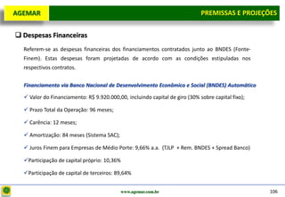 D e lo itte
  AGEMAR                                                                        PREMISSAS e Projeções
                                                                                 Premissas E PROJEÇÕES

   Despesas Financeiras
     Referem-se as despesas financeiras dos financiamentos contratados junto ao BNDES (Fonte-
     Finem). Estas despesas foram projetadas de acordo com as condições estipuladas nos
     respectivos contratos.


     Financiamento via Banco Nacional de Desenvolvimento Econômico e Social (BNDES) Automático

      Valor do Financiamento: R$ 9.920.000,00, incluindo capital de giro (30% sobre capital fixo);

      Prazo Total da Operação: 96 meses;

      Carência: 12 meses;

      Amortização: 84 meses (Sistema SAC);

      Juros Finem para Empresas de Médio Porte: 9,66% a.a. (TJLP + Rem. BNDES + Spread Banco)

     Participação de capital próprio: 10,36%

     Participação de capital de terceiros: 89,64%


                                              www.agemar.com.br                                       106
 