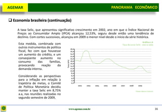 D e lo itte
  AGEMAR                                                                 PANORAMA ECONÔMICO
                                                                       Panorama Macroeconômico


   Economia brasileira (continuação)

       A taxa Selic, que apresentou significativo crescimento em 2002, ano em que o Índice Nacional de
       Preços ao Consumidor Amplo (IPCA) alcançou 12,53%, seguiu desde então uma tendência de
       declínio. Com cortes sucessivos, alcançou em 2009 o menor nível desde o início da série histórica.

       Esta medida, combinada com
       outros instrumentos de política
       fiscal, fez com que houvesse
       um aumento do crédito, e um
       conseqüente aumento no
       consumo       das     famílias,
       provocando      reação      da
       demanda interna.

       Considerando as perspectivas
       para a inflação em relação à
       trajetória de metas, o Comitê
       de Política Monetária decidiu
       manter a taxa Selic em 8,75%
       a.a, nas reuniões realizadas no
       segundo semestre de 2009,


                                           www.agemar.com.br                                                16
 