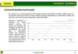 D e lo itte
  AGEMAR                                                          PANORAMA ECONÔMICO
                                                                Panorama Macroeconômico


   Economia brasileira (continuação)
       De acordo com a Pesquisa Mensal de Emprego realizada pelo IBGE, de 2002 a 2009, houve um
       crescimento médio de 57,6% na renda média mensal do trabalhador. O rendimento médio real
       domiciliar subiu 4,4% quando comparado a dezembro/2008.

       Segundo o governo, o
       aumento       da    massa
       salarial   ocorreu     em
       função da expansão do
       emprego, do salário e da
       transferência de renda
       para     o     trabalhador
       através de programas
       sociais. Estima-se que a
       massa salarial crescerá
       cerca de 6% em 2010, o
       que proporcionará maior
       expansão do consumo.




                                       www.agemar.com.br                                          22
 