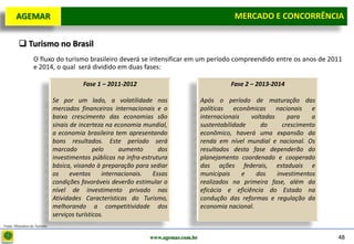 D e lo itte
   AGEMAR                                                                                       MERCADO E e Concorrência
                                                                                                 Mercado CONCORRÊNCIA

          Turismo no Brasil
                   O fluxo do turismo brasileiro deverá se intensificar em um período compreendido entre os anos de 2011
                   e 2014, o qual será dividido em duas fases:

                                         Fase 1 – 2011-2012                                    Fase 2 – 2013-2014

                               Se por um lado, a volatilidade nos                    Após o período de maturação das
                               mercados financeiros internacionais e o               políticas econômicas nacionais e
                               baixo crescimento das economias são                   internacionais   voltadas     para    a
                               sinais de incerteza na economia mundial,              sustentabilidade    do      crescimento
                               a economia brasileira tem apresentando                econômico, haverá uma expansão da
                               bons resultados. Este período será                    renda em nível mundial e nacional. Os
                               marcado         pelo     aumento      dos             resultados desta fase dependerão do
                               investimentos públicos na infra-estrutura             planejamento coordenado e cooperado
                               básica, visando à preparação para sediar              das ações federais, estaduais e
                               os     eventos     internacionais.  Essas             municipais     e   dos    investimentos
                               condições favoráveis deverão estimular o              realizados na primeira fase, além da
                               nível de investimento privado nas                     eficácia e eficiência do Estado na
                               Atividades Características do Turismo,                condução das reformas e regulação da
                               melhorando a competitividade dos                      economia nacional.
                               serviços turísticos.
Fonte: Ministério do Turismo


                                                                 www.agemar.com.br                                             48
 