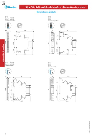 Série 38 - Relé modular de interface - Dimensões do produto
Dimensões do produto
38.21
38.51 / 38.51.3
38.81 / 38.81.3
Conexão a parafuso
38.61 / 38.61.3
38.91 / 38.91.3
Conexão a mola
38.01
38.31
38.52
Conexão a parafuso
38.11
38.41
38.62
Conexão a mola
12
X-2013,www.findernet.com
SÉRIE
38Relémodulardeinterface
 