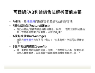 ͸^FABN۷rֵ
? FABNTͷaƷĺ÷
? FԻЧ(FeatureFact)
C ԼĮaƷ/Щc͌ԣ磺ڹЧͬĮaƷ
УpӰlәCֻ100gء
? Ac򃞄(advantage)
C Լcкβͬ磺pԿԱyʹ
á
? B͑crֵ(benefit)
C @?co͵档磺Ŀ??ҪS
Čմ܉ʹÔyߡ
 