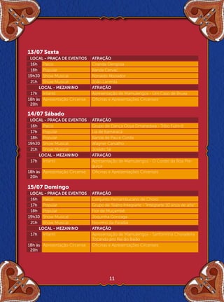 13/07 Sexta
 LOCAL - PRAÇA DE EVENTOS      ATRAÇÃO
 16h Palco                     Ciranda Dengosa
 18h Popular                   Banda Cervac
19h30 Show Musical             Ronaldo Aboiador
 21h Show Musical              João Lacerda
     LOCAL - MEZANINO          ATRAÇÃO
 17h Infantil                  Apresentação de Mamulengos - Um Caso de Bruxa
18h às Apresentação Circense   Oficinas e Apresentações Circenses
 20h

14/07 Sábado
 LOCAL - PRAÇA DE EVENTOS      ATRAÇÃO
 16h Palco                     Grupo de Dança Ooya Dmanedwa - Tribo Fulni-ô
 17h Popular                   Lia de Itamaracá
 18h Popular                   Banda de Pau e Corda
19h30 Show Musical             Wagner Carvalho
 21h Show Musical              Josildo Sá
     LOCAL - MEZANINO          ATRAÇÃO
 17h Infantil                  Apresentação de Mamulengos - O Cordel da Boa Pre-
                               guiça
18h às Apresentação Circense   Oficinas e Apresentações Circenses
 20h

15/07 Domingo
 LOCAL - PRAÇA DE EVENTOS      ATRAÇÃO
 16h Palco                     Conjunto Pernambucano de Choro
 17h Popular                   Grupo de Teatro Integrarte - "Integrarte 10 anos de arte"
 18h Popular                   Flor de Muçambê
19h30 Show Musical             Joquinha Gonzaga
 21h Show Musical              Novinho da Paraíba
     LOCAL - MEZANINO          ATRAÇÃO
 17h Infantil                  Apresentação de Mamulengos - Sanfoninha Choradeira
                               Tocando pro Rei do Baião
18h às Apresentação Circense   Oficinas e Apresentações Circenses
 20h




                                        11
 