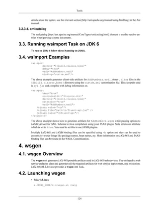 Tools
124
details about the syntax, see the relevant section [http://ant.apache.org/manual/using.html#arg] in the Ant
manual.
3.2.3.4. xmlcatalog
The xmlcatalog [http://ant.apache.org/manual/CoreTypes/xmlcatalog.html] element is used to resolve en-
tities when parsing schema documents.
3.3. Running wsimport Task on JDK 6
To run on JDK 6 follow these Running on JDK6.
3.4. wsimport Examples
<wsimport
destdir="${build.classes.home}"
debug="true"
wsdl="AddNumbers.wsdl"
binding="custom.xml"/>
The above example generates client-side artifacts for AddNumbers.wsdl, stores .class files in the
${build.classes.home} directory using the custom.xml customization file. The classpath used
is xyz.jar and compiles with debug information on.
<wsimport
keep="true"
sourcedestdir="${source.dir}"
destdir="${build.classes.home}"
extension="true"
wsdl="AddNumbers.wsdl">
<xjcarg value="-cp"/>
<xjcarg file="path/to/fluent-api.jar" />
<xjcarg value="-Xfluent-api"/>
</wsimport>
The above example shows how to generates artifacts for AddNumbers.wsdl while passing options to
JAXB xjc tool for XML Schema to Java compilation using your JAXB plugin. Note extension attribute
which is set to true. You need to set this to use JAXB plugins.
Multiple JAX-WS and JAXB binding files can be specified using -b option and they can be used to
customize various things like package names, bean names, etc. More information on JAX-WS and JAXB
binding files can be found in the WSDL Customization.
4. wsgen
4.1. wsgen Overview
The wsgen tool generates JAX-WS portable artifacts used in JAX-WS web services. The tool reads a web
service endpoint class and generates all the required artifacts for web service deployment, and invocation.
JAX-WS RI 2.2.6 also provides a wsgen Ant Task.
4.2. Launching wsgen
• Solaris/Linux
• JAXWS_HOME/bin/wsgen.sh -help
 