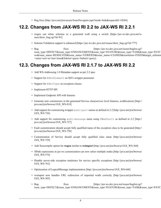 Release Notes
8
• Bug fixes [http://java.net/jira/secure/IssueNavigator.jspa?mode=hide&requestId=10284]
12.2. Changes from JAX-WS RI 2.2 to JAX-WS RI 2.2.1
• wsgen can inline schemas in a generated wsdl using a switch [https://jax-ws.dev.java.net/is-
sues/show_bug.cgi?id=85]
• Schema Validation support is enhanced [https://jax-ws.dev.java.net/issues/show_bug.cgi?id=777]
• Bug fixes [https://jax-ws.dev.java.net/issues/buglist.cgi?
issue_type=DEFECT&issue_type=ENHANCEMENT&issue_type=FEATURE&issue_type=TASK&issue_type=PATCH
ws&issue_status=RESOLVED&issue_status=VERIFIED&issue_status=CLOSED&resolution=FIXED&target_mileston
+same+sort+as+last+time&Submit+query=Submit+query]
12.3. Changes from JAX-WS RI 2.1.7 to JAX-WS RI 2.2
• Add WS-Addressing 1.0 Metadata support as per 2.2 spec
• Support for @XmlElement on SEI's wrapper parameter
• Support for @XmlType on exception classes
• Implement HTTP SPI
• Implement Endpoint API with features
• Generate new constructors in the generated Service class(service level features, wsdllocation) [http://
java.net/jira/browse/JAX_WS-818]
• Add support for customizing wrapper wsdl:part names as defined in 2.2 [http://java.net/jira/browse/
JAX_WS-726]
• Add support for customizing wsdl:message name using @WebFault as defined in 2.2 [http://
java.net/jira/browse/JAX_WS-727]
• Fault customization should accept fully qualified name of the exception class to be generated [http://
java.net/jira/browse/JAX_WS-728]
• Customization of Service should accept fully qualified class name [http://java.net/jira/browse/
JAX_WS-729]
• Add Xnocompile option for wsgen similar to wsimport [http://java.net/jira/browse/JAX_WS-360]
• XPath expressions in jax-ws customization can now select multiple nodes [http://java.net/jira/browse/
JAX_WS-576]
• Disable server-side exception stacktrace for service specific exceptions [http://java.net/jira/browse/
JAX_WS-761]
• Optimzation of LogicalMessage implementation [http://java.net/jira/browse/JAX_WS-648]
• wsimport now handles URL redirection of imported wsdls correctly [http://java.net/jira/browse/
JAX_WS-305]
• Bug fixes [https://jax-ws.dev.java.net/issues/buglist.cgi?
issue_type=DEFECT&issue_type=ENHANCEMENT&issue_type=FEATURE&issue_type=TASK&issue_type=PATCH
 