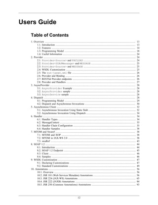 12
Users Guide
Table of Contents
1. Overview ..................................................................................................................... 13
1.1. Introduction ....................................................................................................... 13
1.2. Features ............................................................................................................ 14
1.3. Programming Model ............................................................................................ 18
1.4. Useful Information .............................................................................................. 24
2. Provider ....................................................................................................................... 24
2.1. Provider<Source> and PAYLOAD ................................................................... 24
2.2. Provider<SOAPMessage> and MESSAGE ......................................................... 25
2.3. Provider<Source> and MESSAGE ................................................................... 25
2.4. WSDL Customization .......................................................................................... 25
2.5. The sun-jaxws.xml file .................................................................................. 26
2.6. Provider and Binding .......................................................................................... 26
2.7. RESTful Provider endpoints ................................................................................. 26
2.8. Provider and Handlers ......................................................................................... 27
3. AsyncProvider .............................................................................................................. 28
3.1. AsyncProvider Example ................................................................................. 28
3.2. AsyncProvider sample ................................................................................... 28
3.3. AsyncService sample ..................................................................................... 28
4. Dispatch ...................................................................................................................... 28
4.1. Programming Model ............................................................................................ 29
4.2. Dispatch and Asynchronous Invocations ................................................................. 30
5. Asynchronous Client ...................................................................................................... 32
5.1. Asynchronous Invocation Using Static Stub ............................................................. 32
5.2. Asynchronous Invocation Using Dispatch ................................................................ 34
6. Handler ....................................................................................................................... 34
6.1. Handler Types .................................................................................................... 34
6.2. MessageContext ................................................................................................. 35
6.3. Handler Chain Configuration ................................................................................ 35
6.4. Handler Samples ................................................................................................. 38
7. MTOM and Swaref ....................................................................................................... 38
7.1. MTOM and XOP ................................................................................................ 38
7.2. MTOM in JAX-WS 2.0 ....................................................................................... 38
7.3. swaRef .............................................................................................................. 43
8. SOAP 1.2 .................................................................................................................... 44
8.1. Introduction ....................................................................................................... 44
8.2. SOAP 1.2 Endpoint ............................................................................................. 45
8.3. Client ............................................................................................................... 46
8.4. Samples ............................................................................................................ 46
9. WSDL Customization .................................................................................................... 47
9.1. Declaring Customizations ..................................................................................... 47
9.2. Standard Customizations ...................................................................................... 49
10. Annotations ................................................................................................................ 56
10.1. Overview ......................................................................................................... 56
10.2. JSR 181 (Web Services Metadata) Annotations ....................................................... 56
10.3. JSR 224 (JAX-WS) Annotations .......................................................................... 65
10.4. JSR 222 (JAXB) Annotations .............................................................................. 84
10.5. JSR 250 (Common Annotations) Annotations ......................................................... 93
 
