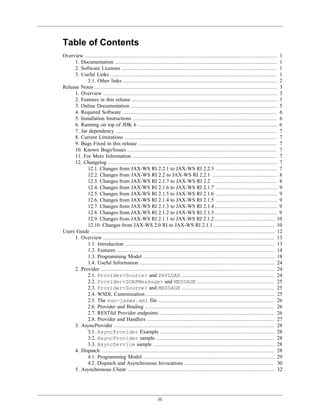 iii
Table of Contents
Overview .......................................................................................................................... 1
1. Documentation ....................................................................................................... 1
2. Software Licenses ................................................................................................... 1
3. Useful Links .......................................................................................................... 1
3.1. Other links .................................................................................................. 2
Release Notes .................................................................................................................... 3
1. Overview ............................................................................................................... 3
2. Features in this release ............................................................................................. 3
3. Online Documentation ............................................................................................. 5
4. Required Software .................................................................................................. 6
5. Installation Instructions ............................................................................................ 6
6. Running on top of JDK 6 ......................................................................................... 6
7. Jar dependency ....................................................................................................... 7
8. Current Limitations ................................................................................................. 7
9. Bugs Fixed in this release ........................................................................................ 7
10. Known Bugs/Issues ............................................................................................... 7
11. For More Information ............................................................................................ 7
12. Changelog ............................................................................................................ 7
12.1. Changes from JAX-WS RI 2.2.1 to JAX-WS RI 2.2.3 ....................................... 7
12.2. Changes from JAX-WS RI 2.2 to JAX-WS RI 2.2.1 ......................................... 8
12.3. Changes from JAX-WS RI 2.1.7 to JAX-WS RI 2.2 ......................................... 8
12.4. Changes from JAX-WS RI 2.1.6 to JAX-WS RI 2.1.7 ....................................... 9
12.5. Changes from JAX-WS RI 2.1.5 to JAX-WS RI 2.1.6 ....................................... 9
12.6. Changes from JAX-WS RI 2.1.4 to JAX-WS RI 2.1.5 ....................................... 9
12.7. Changes from JAX-WS RI 2.1.3 to JAX-WS RI 2.1.4 ........................................ 9
12.8. Changes from JAX-WS RI 2.1.2 to JAX-WS RI 2.1.3 ........................................ 9
12.9. Changes from JAX-WS RI 2.1.1 to JAX-WS RI 2.1.2 ...................................... 10
12.10. Changes from JAX-WS 2.0 RI to JAX-WS RI 2.1.1 ....................................... 10
Users Guide ..................................................................................................................... 12
1. Overview ............................................................................................................. 13
1.1. Introduction ............................................................................................... 13
1.2. Features .................................................................................................... 14
1.3. Programming Model .................................................................................... 18
1.4. Useful Information ...................................................................................... 24
2. Provider ............................................................................................................... 24
2.1. Provider<Source> and PAYLOAD ........................................................... 24
2.2. Provider<SOAPMessage> and MESSAGE ................................................. 25
2.3. Provider<Source> and MESSAGE ........................................................... 25
2.4. WSDL Customization .................................................................................. 25
2.5. The sun-jaxws.xml file .......................................................................... 26
2.6. Provider and Binding .................................................................................. 26
2.7. RESTful Provider endpoints ......................................................................... 26
2.8. Provider and Handlers ................................................................................. 27
3. AsyncProvider ...................................................................................................... 28
3.1. AsyncProvider Example ......................................................................... 28
3.2. AsyncProvider sample ........................................................................... 28
3.3. AsyncService sample ............................................................................. 28
4. Dispatch .............................................................................................................. 28
4.1. Programming Model .................................................................................... 29
4.2. Dispatch and Asynchronous Invocations ......................................................... 30
5. Asynchronous Client .............................................................................................. 32
 