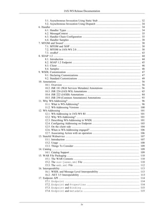 JAX-WS Release Documentation
iv
5.1. Asynchronous Invocation Using Static Stub ..................................................... 32
5.2. Asynchronous Invocation Using Dispatch ........................................................ 34
6. Handler ............................................................................................................... 34
6.1. Handler Types ............................................................................................ 34
6.2. MessageContext ......................................................................................... 35
6.3. Handler Chain Configuration ........................................................................ 35
6.4. Handler Samples ......................................................................................... 38
7. MTOM and Swaref ............................................................................................... 38
7.1. MTOM and XOP ........................................................................................ 38
7.2. MTOM in JAX-WS 2.0 ............................................................................... 38
7.3. swaRef ...................................................................................................... 43
8. SOAP 1.2 ............................................................................................................ 44
8.1. Introduction ............................................................................................... 44
8.2. SOAP 1.2 Endpoint ..................................................................................... 45
8.3. Client ....................................................................................................... 46
8.4. Samples .................................................................................................... 46
9. WSDL Customization ............................................................................................ 47
9.1. Declaring Customizations ............................................................................. 47
9.2. Standard Customizations .............................................................................. 49
10. Annotations ........................................................................................................ 56
10.1. Overview ................................................................................................. 56
10.2. JSR 181 (Web Services Metadata) Annotations ............................................... 56
10.3. JSR 224 (JAX-WS) Annotations .................................................................. 65
10.4. JSR 222 (JAXB) Annotations ...................................................................... 84
10.5. JSR 250 (Common Annotations) Annotations ................................................. 93
11. Why WS-Addressing? .......................................................................................... 96
11.1. What is WS-Addressing? ............................................................................ 96
11.2. WS-Addressing Versions .......................................................................... 100
12. WS-Addressing .................................................................................................. 101
12.1. WS-Addressing in JAX-WS RI .................................................................. 101
12.2. Why WS-Addressing? .............................................................................. 101
12.3. Describing WS-Addressing in WSDL .......................................................... 101
12.4. Configuring Addressing on Endpoint ........................................................... 103
12.5. On the client side .................................................................................... 104
12.6. When is WS-Addressing engaged? ............................................................. 106
12.7. Associating Action with an operation .......................................................... 106
13. Stateful Webservice ............................................................................................ 107
13.1. Introduction ............................................................................................ 107
13.2. Usage .................................................................................................... 108
13.3. Things To Consider ................................................................................. 109
14. Catalog ............................................................................................................ 109
14.1. Catalog Support ...................................................................................... 109
15. WAR File Packaging .......................................................................................... 110
15.1. The WAR Contents ................................................................................. 110
15.2. The sun-jaxws.xml File ...................................................................... 110
15.3. The web.xml File .................................................................................. 112
16. Interoperability .................................................................................................. 113
16.1. WSDL and Message Level Interoperability ................................................... 113
16.2. .NET 3.5 Interoperability .......................................................................... 113
17. Endpoint API .................................................................................................... 114
17.1. Endpoint ............................................................................................ 114
17.2. Endpoint and Properties .................................................................. 114
17.3. Endpoint and Binding ........................................................................ 115
17.4. Endpoint and metadata ...................................................................... 115
 