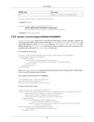 Users Guide
39
MIME Type Java Type
*/* javax.activation.DataHandler
<element name="image" type="base64Binary"/>
is mapped to byte[]
<element name="image" type="base64Binary"
xmime:expectedContentTypes="image/jpeg"
xmlns:xmime="http://www.w3.org/2005/05/xmlmime"/>
is mapped to java.awt.Image
7.2.2. xmime:contentType schema annotation
xmime:contentType [http://www.w3.org/TR/xml-media-types/] schema annotation indicates the
content-type of an XML element content whose type is xs:base64Binary or xs:hexBinary. The
value of the attribute is a valid content-type string (e.g., "text/xml; charset=utf-16"). This
attribute specifies the content-type of the element content on which it occurs. This annotation can be
primarily used to indicate the Content-Type of binary data.
For example the schema type
<element name="TestMtomXmimeContentType" type="types:PictureType"/>
<complexType name="PictureType">
<simpleContent>
<restriction base="xmime:base64Binary">
<attribute ref="xmime:contentType" use="required"/>
</restriction>
</simpleContent>
</complexType>
Here xmime:base64Binary is defined by Describing Media Content of Binary Data in XML [http://
www.w3.org/TR/xml-media-types/#schema].
Gets mapped to PicutreType bean by wsimport:
PictureType req = new PictureType();
req.setValue(name.getBytes());
req.setContentType("application/xml");
On the wire this is how it looks:
<?xml version="1.0" encoding="UTF-8"?>
<soapenv:Envelope xmlns:soapenv=" http://schemas.xmlsoap.org/soap/envelope/"
xmlns:xsd=" http://www.w3.org/2001/XMLSchema"
xmlns:ns1=" http://example.org/mtom/data"
xmlns:ns2="http://www.w3.org/2005/05/xmlmime">
<soapenv:Body>
<ns1:TestMtomXmimeContentTypeResponse
ns2:contentType="application/xml">
<xop:Include xmlns:xop="http://www.w3.org/2004/08/xop/include"
href="c id:193ed174-
d313-4325-8eed-16cc25595e4e@example.org"/>
</ns1:TestMtomXmimeContentTypeResponse>
</soapenv:Body>
 
