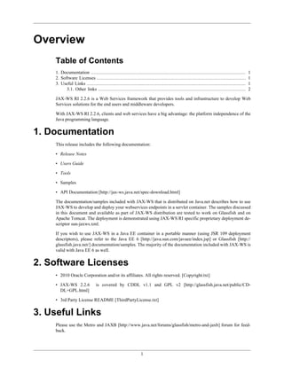 1
Overview
Table of Contents
1. Documentation ............................................................................................................... 1
2. Software Licenses ........................................................................................................... 1
3. Useful Links .................................................................................................................. 1
3.1. Other links .......................................................................................................... 2
JAX-WS RI 2.2.6 is a Web Services framework that provides tools and infrastructure to develop Web
Services solutions for the end users and middleware developers.
With JAX-WS RI 2.2.6, clients and web services have a big advantage: the platform independence of the
Java programming language.
1. Documentation
This release includes the following documentation:
• Release Notes
• Users Guide
• Tools
• Samples
• API Documentation [http://jax-ws.java.net/spec-download.html]
The documentation/samples included with JAX-WS that is distributed on Java.net describes how to use
JAX-WS to develop and deploy your webservices endpoints in a servlet container. The samples discussed
in this document and available as part of JAX-WS distribution are tested to work on Glassfish and on
Apache Tomcat. The deployment is demonstrated using JAX-WS RI specific proprietary deployment de-
scriptor sun-jaxws.xml.
If you wish to use JAX-WS in a Java EE container in a portable manner (using JSR 109 deployment
descriptors), please refer to the Java EE 6 [http://java.sun.com/javaee/index.jsp] or Glassfish [http://
glassfish.java.net/] documentation/samples. The majority of the documentation included with JAX-WS is
valid with Java EE 6 as well.
2. Software Licenses
• 2010 Oracle Corporation and/or its affiliates. All rights reserved. [Copyright.txt]
• JAX-WS 2.2.6 is covered by CDDL v1.1 and GPL v2 [http://glassfish.java.net/public/CD-
DL+GPL.html]
• 3rd Party License README [ThirdPartyLicense.txt]
3. Useful Links
Please use the Metro and JAXB [http://www.java.net/forums/glassfish/metro-and-jaxb] forum for feed-
back.
 