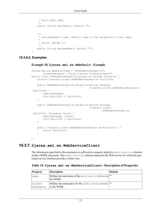Users Guide
73
* Fault bean name.
*/
public String faultBean() default "";
/**
* wsdl:Message's name. Default name is the exception's class name.
*
* @since JAX-WS 2.2
*/
public String messageName() default "";
}
10.3.6.2. Examples
Example 18. @javax.xml.ws.WebFault - Example
@javax.xml.ws.WebFault(name = "AddNumbersException",
targetNamespace = "http://server.fromjava/jaxws")
public class AddNumbersException_Exception extends Exception {
private fromjava.client.AddNumbersException faultInfo;
public AddNumbersException_Exception(String message,
fromjava.client.AddNumbersException
faultInfo) {
super(message);
this.faultInfo = faultInfo;
}
public AddNumbersException_Exception(String message,
fromjava.client
.AddNumbersException
faultInfo, Throwable cause) {
super(message, cause);
this.faultInfo = faultInfo;
}
public fromjava.client.AddNumbersException getFaultInfo() {
return faultInfo;
}
}
10.3.7. @javax.xml.ws.WebServiceClient
The information specified in this annotation is sufficient to uniquely identify a wsdl:service element
inside a WSDL document. This wsdl:service element represents the Web service for which the gen-
erated service interface provides a client view.
Table 15. @javax.xml.ws.WebServiceClient - Description of Properties
Property Description Default
name Defines the local name of the wsdl:serviceName in
the WSDL.
""
target-
Namespace
Defines the namespace for the wsdl:serviceName
in the WSDL.
""
 