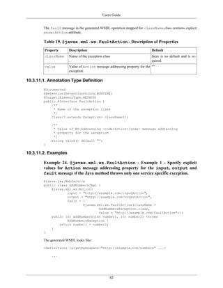 Users Guide
82
The fault message in the generated WSDL operation mapped for className class contains explicit
wsaw:Action attribute.
Table 19. @javax.xml.ws.FaultAction - Description of Properties
Property Description Default
className Name of the exception class there is no default and is re-
quired.
value Value of Action message addressing property for the
exception
""
10.3.11.1. Annotation Type Definition
@Documented
@Retention(RetentionPolicy.RUNTIME)
@Target(ElementType.METHOD)
public @interface FaultAction {
/**
* Name of the exception class
*/
Class<? extends Exception> className();
/**
* Value of WS-Addressing <code>Action</code> message addressing
* property for the exception
*/
String value() default "";
}
10.3.11.2. Examples
Example 24. @javax.xml.ws.FaultAction - Example 1 - Specify explicit
values for Action message addressing property for the input, output and
fault message if the Java method throws only one service specific exception.
@javax.jws.WebService
public class AddNumbersImpl {
@javax.xml.ws.Action(
input = "http://example.com/inputAction",
output = "http://example.com/outputAction",
fault = {
@javax.xml.ws.FaultAction(className =
AddNumbersException.class,
value = "http://example.com/faultAction")})
public int addNumbers(int number1, int number2) throws
AddNumbersException {
return number1 + number2;
}
}
The generated WSDL looks like:
<definitions targetNamespace="http://example.com/numbers" ...>
...
 
