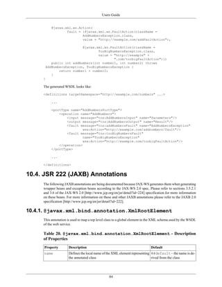 Users Guide
84
@javax.xml.ws.Action(
fault = {@javax.xml.ws.FaultAction(className =
AddNumbersException.class,
value = "http://example.com/addFaultAction"),
@javax.xml.ws.FaultAction(className =
TooBigNumbersException.class,
value = "http://example" +
".com/toobigFaultAction")})
public int addNumbers(int number1, int number2) throws
AddNumbersException, TooBigNumbersException {
return number1 + number2;
}
}
The generated WSDL looks like:
<definitions targetNamespace="http://example.com/numbers" ...>
...
<portType name="AddNumbersPortType">
<operation name="AddNumbers">
<input message="tns:AddNumbersInput" name="Parameters"/>
<output message="tns:AddNumbersOutput" name="Result"/>
<fault message="tns:addNumbersFault" name="AddNumbersException"
wsa:Action="http://example.com/addnumbers/fault"/>
<fault message="tns:tooBigNumbersFault"
name="TooBigNumbersException"
wsa:Action="http://example.com/toobigFaultAction"/>
</operation>
</portType>
...
</definitions>
10.4. JSR 222 (JAXB) Annotations
The following JAXB annotations are being documented because JAX-WS generates them when generating
wrapper beans and exception beans according to the JAX-WS 2.0 spec. Please refer to sections 3.5.2.1
and 3.6 of the JAX-WS 2.0 [http://www.jcp.org/en/jsr/detail?id=224] specification for more information
on these beans. For more information on these and other JAXB annotations please refer to the JAXB 2.0
specification [http://www.jcp.org/en/jsr/detail?id=222].
10.4.1. @javax.xml.bind.annotation.XmlRootElement
This annotation is used to map a top level class to a global element in the XML schema used by the WSDL
of the web service.
Table 20. @javax.xml.bind.annotation.XmlRootElement - Description
of Properties
Property Description Default
name Defines the local name of the XML element representing
the annotated class
##default – the name is de-
rived from the class
 