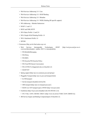 Release Notes
4
• Web Services Addressing 1.0 - Core
• Web Services Addressing 1.0 - SOAP Binding
• Web Services Addressing 1.0 - Metadata
• Web Services Addressing 1.0 - WSDL Binding (RI specific support)
• WS-Addressing - Member Submission
• SOAP 1.1 and 1.2
• REST and XML/HTTP
• WS-I Basic Profile 1.2 and 2.0
• WS-I Simple SOAP Binding Profile 1.0
• WS-I Attachment Profile 1.0
• MTOM
• Extensions (May not be final unless says so)
• Web Services Interoperable Technologies (WSIT [http://wsit.java.net/jax-ws-ri-
overview#downloads]) - enables .NET 3.x interoperability
• WS-ReliableMessaging
• WS-Policy
• WS-MEX
• WS-Security/WS-Security Policy
• WS-Trust/WS-Secure Conversation
• WS-AT/WS-Tx (Supported only on Glassfish v2)
• SOAP/TCP
• Spring support [http://jax-ws-commons.java.net/spring/]
• Pluggable Transport [http://jax-ws.java.net/transport.html]
• In-VM transport
• Servlet transport (bundled with the RI)
• JMS transport [http://jms-ws-transport.java.net/]
• SOAP over TCP transport (part of WSIT [http://wsit.java.net])
• FastInfoset [http://fi.java.net/] (bundled with JAX-WS RI 2.2.6)
• ITU-T Rec. X.891 | ISO/IEC 24824-1 [http://www.itu.int/rec/T-REC-X.891-200505-I/e]
• JBI Service Engine and Binding Component(part of Glassfish v2)
 