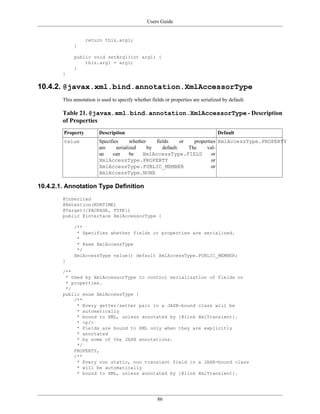 Users Guide
86
return this.arg1;
}
public void setArg1(int arg1) {
this.arg1 = arg1;
}
}
10.4.2. @javax.xml.bind.annotation.XmlAccessorType
This annotation is used to specify whether fields or properties are serialized by default.
Table 21. @javax.xml.bind.annotation.XmlAccessorType - Description
of Properties
Property Description Default
value Specifies whether fields or properties
are serialized by default. The val-
ue can be XmlAccessType.FIELD or
XmlAccessType.PROPERTY or
XmlAccessType.PUBLIC_MEMBER or
XmlAccessType.NONE
XmlAccessType.PROPERTY
10.4.2.1. Annotation Type Definition
@Inherited
@Retention(RUNTIME)
@Target({PACKAGE, TYPE})
public @interface XmlAccessorType {
/**
* Specifies whether fields or properties are serialized.
*
* @see XmlAccessType
*/
XmlAccessType value() default XmlAccessType.PUBLIC_MEMBER;
}
/**
* Used by XmlAccessorType to control serialization of fields or
* properties.
*/
public enum XmlAccessType {
/**
* Every getter/setter pair in a JAXB-bound class will be
* automatically
* bound to XML, unless annotated by {@link XmlTransient}.
* <p/>
* Fields are bound to XML only when they are explicitly
* annotated
* by some of the JAXB annotations.
*/
PROPERTY,
/**
* Every non static, non transient field in a JAXB-bound class
* will be automatically
* bound to XML, unless annotated by {@link XmlTransient}.
 