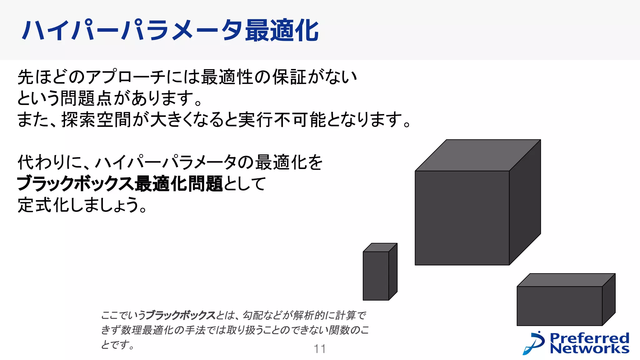 11
先ほどのアプローチには最適性の保証がない
という問題点があります。
また、探索空間が大きくなると実行不可能となります。
代わりに、ハイパーパラメータの最適化を
ブラックボックス最適化問題として
定式化しましょう。
ハイパーパラメータ最適化
ここでいうブラックボックスとは、勾配などが解析的に計算で
きず数理最適化の手法では取り扱うことのできない関数のこ
とです。
 