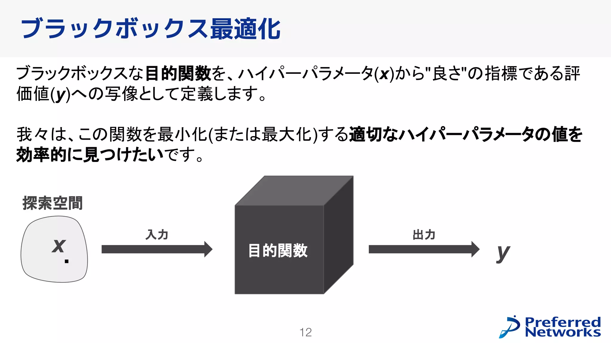 12
ブラックボックスな目的関数を、ハイパーパラメータ(x)から"良さ"の指標である評
価値(y)への写像として定義します。
我々は、この関数を最小化(または最大化)する適切なハイパーパラメータの値を
効率的に見つけたいです。
ブラックボックス最適化
x. 目的関数 y
探索空間
入力 出力
 