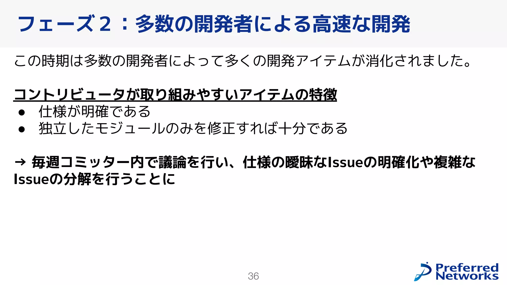 36
この時期は多数の開発者によって多くの開発アイテムが消化されました。
コントリビュータが取り組みやすいアイテムの特徴
● 仕様が明確である
● 独立したモジュールのみを修正すれば十分である
→ 毎週コミッター内で議論を行い、仕様の曖昧なIssueの明確化や複雑な
Issueの分解を行うことに
フェーズ２：多数の開発者による高速な開発
 