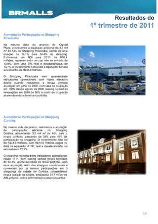 Resultados do
                                                         1º trimestre de 2011
Aumento de Participação no Shopping
Piracicaba

Na mesma data do anúncio do Crystal
Plaza, anunciamos a aquisição adicional de 4,3 mil
m² de ABL no Shopping Piracicaba, saindo de uma
posição de 19,1% para 34,4% do shopping.
Estimamos um NOI para 2011 de R$3,4
milhões, represent ando um cap rate de entrada de
10,9%, com uma TIR, real e desalavancada, de
13,7%.O investimento f eito para a aquisição da f atia
adicional f oi de R$31,0 milhões.

O Shopping Piracicaba vem apresentando
indicadores operacionais com níveis elevados
desde quando realizamos a nossa primeira
aquisição em julho de 2008, com taxa de ocupação
em 100% desde agosto de 2009, leasing spread de
renovações em 2010 de 50% e custo de ocupação
abaixo da média de nosso portf ólio.




Aumento de Participação no Shopping
Curitiba

No mesmo mês de janeiro, realizamos a aquisição
de     participação   adicional    no     Shopping
Curitiba, adicionando 3,2 mil m² de ABL para o
nosso portfólio, passando de 35% para 49% de
participação no shopping. O investimento total foi
de R$34,6 milhões, com R$14,6 milhões pagos na
data da aquisição. A TIR, real e desalavancada, foi
estimada em 12,1%.

O shopping registrou bons indicadores operacionais
nesse 1T11, com leasing spread novos contratos
de 33,4%, acima da média de nosso portf ólio. Com
essa aquisição, além das sinergias operacionais e
comerciais por já termos participações em 3
shoppings da cidade de Curitiba, consolidamos
nossa posição na cidade, totalizando 74,7 mil m² de
ABL próprio, todos administrados pela companhia.




                                                                         19
 
