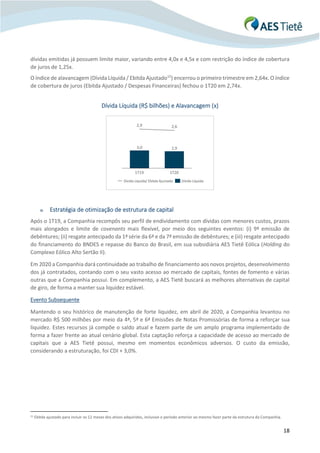 18
dívidas emitidas já possuem limite maior, variando entre 4,0x e 4,5x e com restrição do índice de cobertura
de juros de 1,25x.
O índice de alavancagem (Dívida Líquida / Ebitda Ajustado15
) encerrou o primeiro trimestre em 2,64x. O índice
de cobertura de juros (Ebitda Ajustado / Despesas Financeiras) fechou o 1T20 em 2,74x.
Dívida Líquida (R$ bilhões) e Alavancagem (x)
o Estratégia de otimização de estrutura de capital
Após o 1T19, a Companhia recompôs seu perfil de endividamento com dívidas com menores custos, prazos
mais alongados e limite de covenants mais flexível, por meio dos seguintes eventos: (i) 9ª emissão de
debêntures; (ii) resgate antecipado da 1ª série da 6ª e da 7ª emissão de debêntures; e (iii) resgate antecipado
do financiamento do BNDES e repasse do Banco do Brasil, em sua subsidiária AES Tietê Eólica (Holding do
Complexo Eólico Alto Sertão II).
Em 2020 a Companhia dará continuidade ao trabalho de financiamento aos novos projetos, desenvolvimento
dos já contratados, contando com o seu vasto acesso ao mercado de capitais, fontes de fomento e várias
outras que a Companhia possui. Em complemento, a AES Tietê buscará as melhores alternativas de capital
de giro, de forma a manter sua liquidez estável.
Evento Subsequente
Mantendo o seu histórico de manutenção de forte liquidez, em abril de 2020, a Companhia levantou no
mercado R$ 500 milhões por meio da 4ª, 5ª e 6ª Emissões de Notas Promissórias de forma a reforçar sua
liquidez. Estes recursos já compõe o saldo atual e fazem parte de um amplo programa implementado de
forma a fazer frente ao atual cenário global. Esta captação reforça a capacidade de acesso ao mercado de
capitais que a AES Tietê possui, mesmo em momentos econômicos adversos. O custo da emissão,
considerando a estruturação, foi CDI + 3,0%.
15 Ebitda ajustado para incluir os 12 meses dos ativos adquiridos, inclusive o período anterior ao mesmo fazer parte da estrutura da Companhia.
3,0 2,9
2,9 2,6
1T19 1T20
Dívida Líquida/ Ebitda Ajustado Dívida Líquida
 