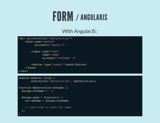 FORM / ANGULARJS
With AngularJS :
<divng-controller="MyController">
<formname="myForm"
ng-submit="send()">
<inputtype="text"
name="name"
ng-model="valName"/>
<buttontype="submit">Send</button>
</form>
</div>
angular.module('MyApp')
.controller('MyController',MyController);
functionMyController($scope){
$scope.valName='';
$scope.send=function(){
varmyName=$scope.valName;
//ajaxcodetosendthename
};
}
 