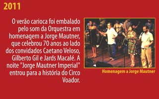 2011
  O verão carioca foi embalado
     pelo som da Orquestra em
 homenagem a Jorge Mautner,
  que celebrou 70 anos ao lado
dos convidados Caetano Veloso,
  Gilberto Gil e Jards Macalé. A
noite "Jorge Mautner Imperial"
 entrou para a história do Circo   Homenagem a Jorge Mautner
                        Voador.
 