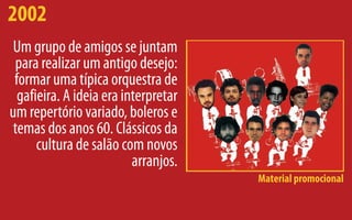 2002
 Um grupo de amigos se juntam
 para realizar um antigo desejo:
 formar uma típica orquestra de
  gafieira. A ideia era interpretar
um repertório variado, boleros e
 temas dos anos 60. Clássicos da
      cultura de salão com novos
                          arranjos.
                                      Material promocional
 