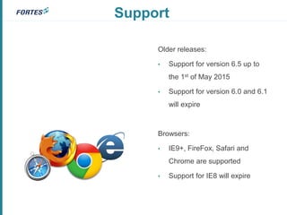 Support
Older releases:
• Support for version 6.5 up to
the 1st of May 2015
• Support for version 6.0 and 6.1
will expire
Browsers:
• IE9+, FireFox, Safari and
Chrome are supported
• Support for IE8 will expire
 