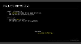 some-0.1.2-SNAPSHOT.jar
• 그냥 현재의 것을 패키징한 것이다. 배포한 것이 아니다.
• 패키징 할 때의 소스가 확보되어 있지 않다.
some-0.1.2.jar
• 버전관리되어 배포된 것이다.
• 패키징 할때의 소스가 확보되어 있다.(tag 0.1.2로)
DEV server
some-0.1.2-SNAPSHOT.jar
 