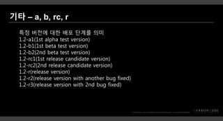 특정 버전에 대한 배포 단계를 의미
1.2-a1(1st alpha test version)
1.2-b1(1st beta test version)
1.2-b2(2nd beta test version)
1.2-rc1(1st release candidate version)
1.2-rc2(2nd release candidate version)
1.2-r(release version)
1.2-r2(release version with another bug fixed)
1.2-r3(release version with 2nd bug fixed)
 